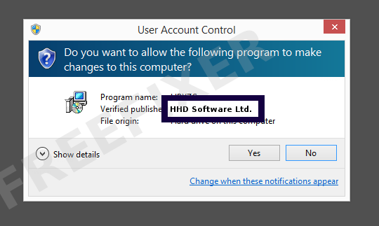 Screenshot where HHD Software Ltd. appears as the verified publisher in the UAC dialog